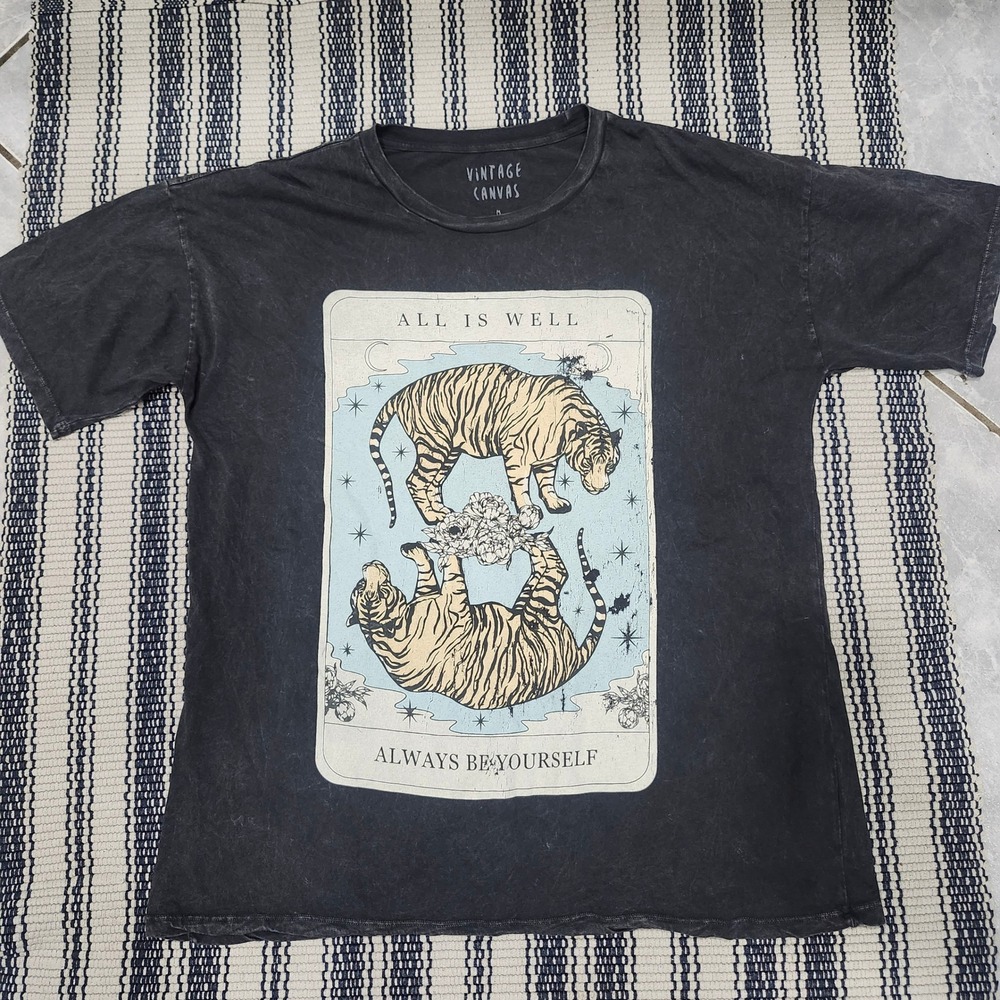 Vintage Canvas All Is Well Tiger Graphic Tee Charcoal Mineral Wash Oversized M